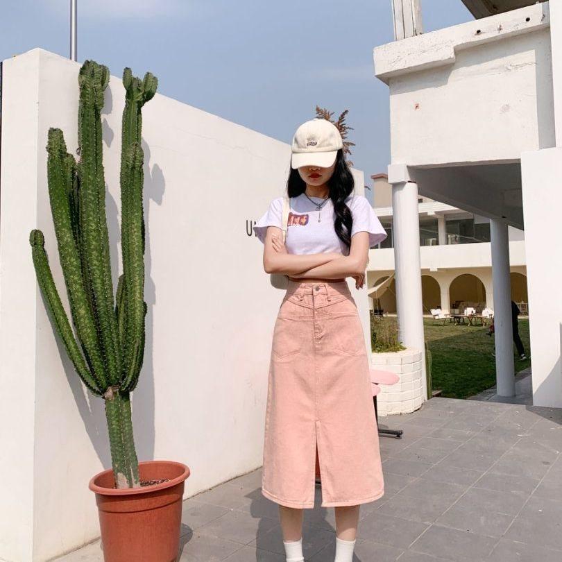 Cotton Blend Pink Midlength Skirt With Zipper And Button For Spring Summer Casual Wear