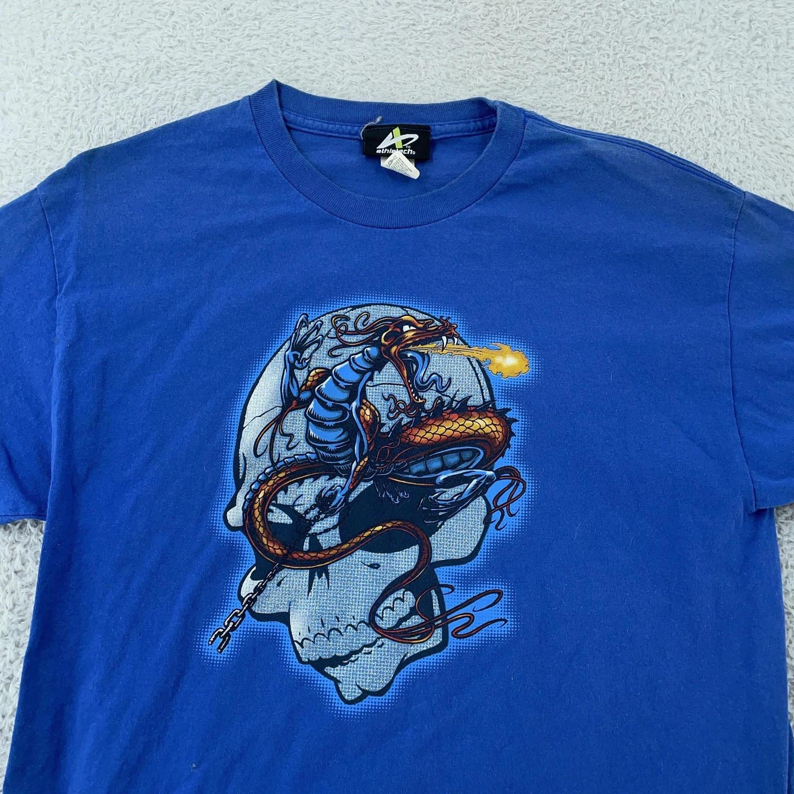 Vintage Dragon Skull T-Shirt Medium Blue Tee Fire Breathing Fantasy Art Y2K L