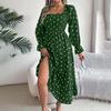 Autumn Winter Women Lace Up High Waist Long Sleeve Pleated Dress Solid Dot Temperament