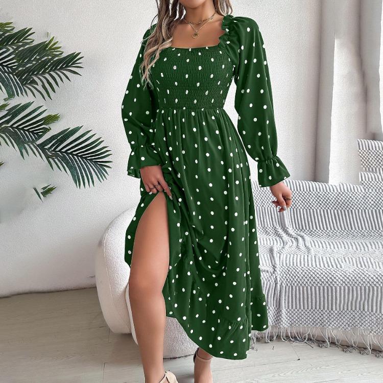 Autumn Winter Women Lace Up High Waist Long Sleeve Pleated Dress Solid Dot Temperament