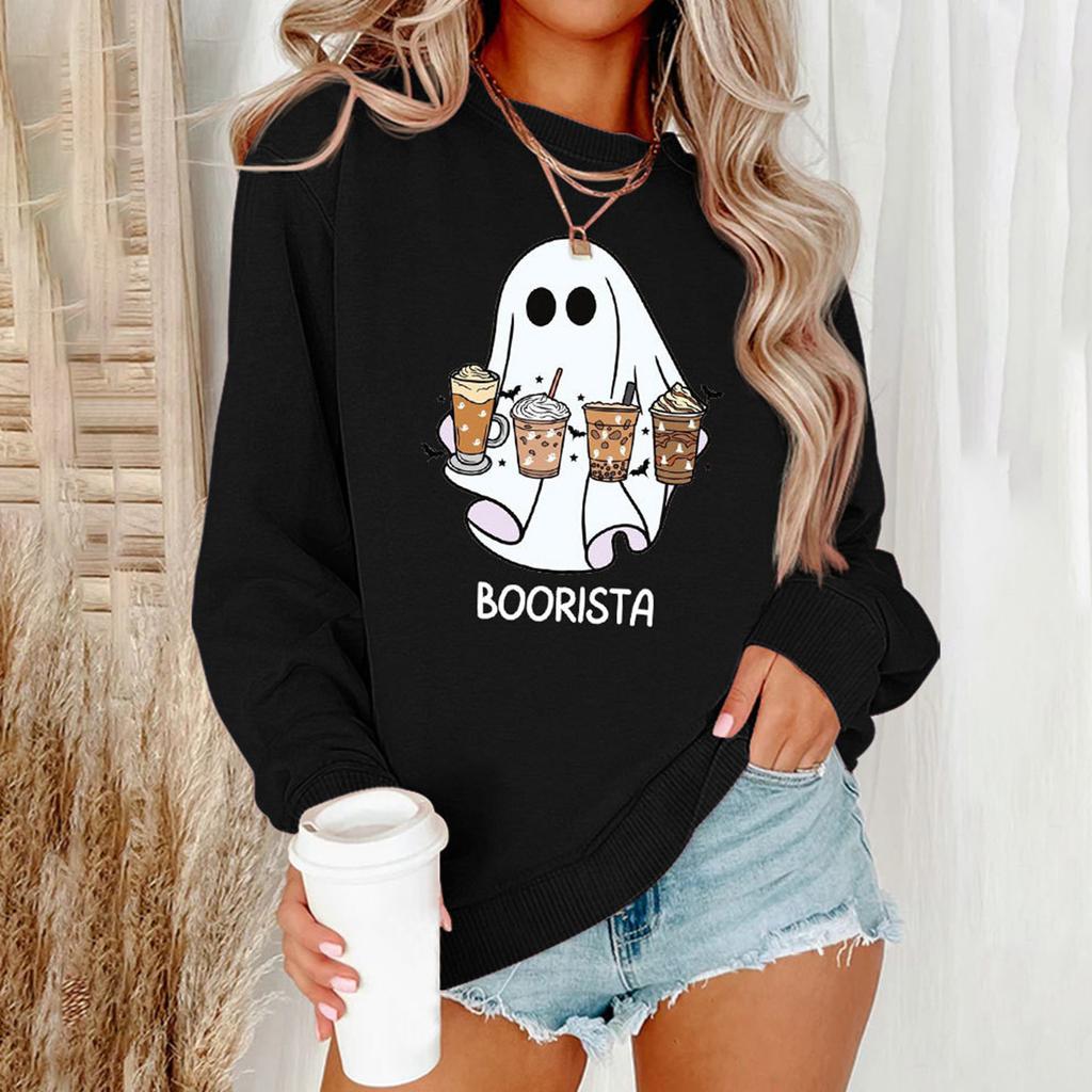 Women'S Halloween Hoodie Fun Ghost Print Pullover Crew Neck Long Sleeve Hoodless Pullover Y2k Clothes Women'S Plus-Size Hoodies