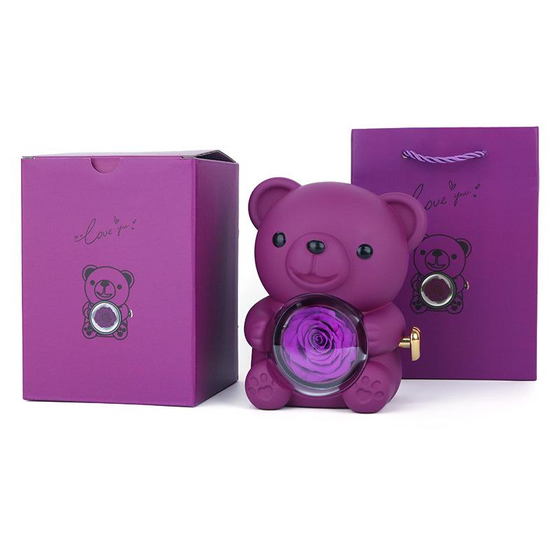 Rotating Acrylic Jewelry Box with Teddy Bear & Eternal Rose for Valentine's Day