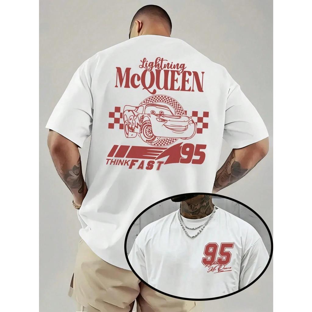 Disney Cars Lightning McQueen T-shirt 95 Think Fast Double-Sided Print Cotton Men Women Oversized Loose Streetwear Short Sleeve Female Male Clothing