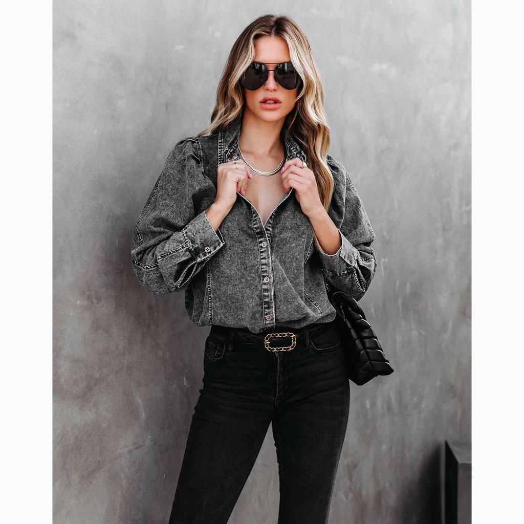 2026 Women's European/American Autumn/Winter Lapel Casual Street Style Denim Shirt