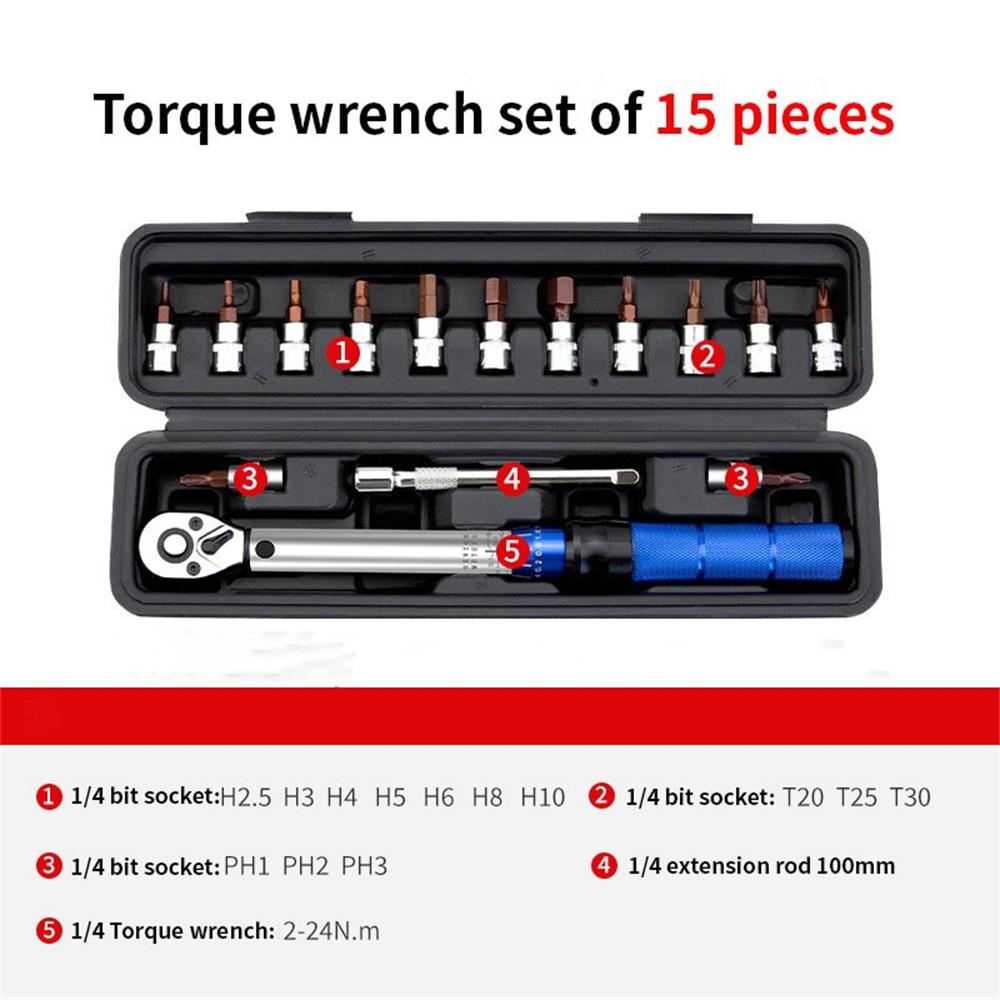 15Pcs Torque Wrench Set High Precision Preset Wrenches 2-24N.m Adjustable Small Torque Ratchet Wrench 1/4inch Car Repairing Tool