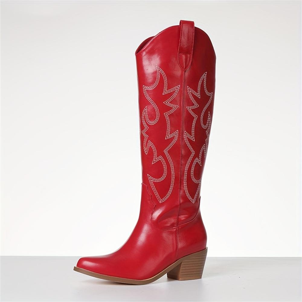 Vintage Western Cowgirl Embroidered Knee-High Boots For Women Fashion Comfort Point Toe Chunky Heels Cowboy Long Booties Woman