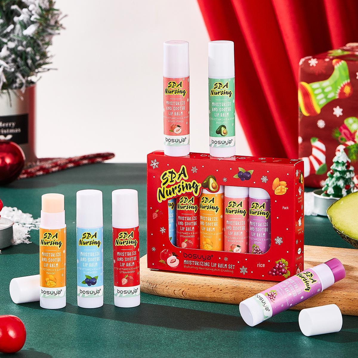 

BOSUYA 6-Piece Fruit-Flavored Lip Balm Set - Moisturizing & Non-Sticky, Christmas Edition Hot Seller