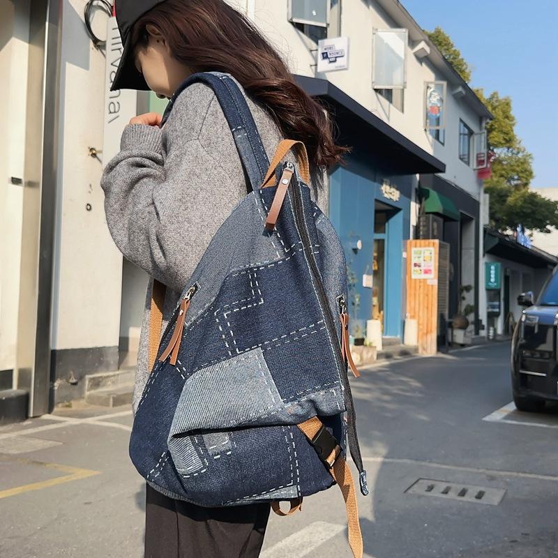 Denim Folding Backpack Patchwork Couple Backpack Student Backpack