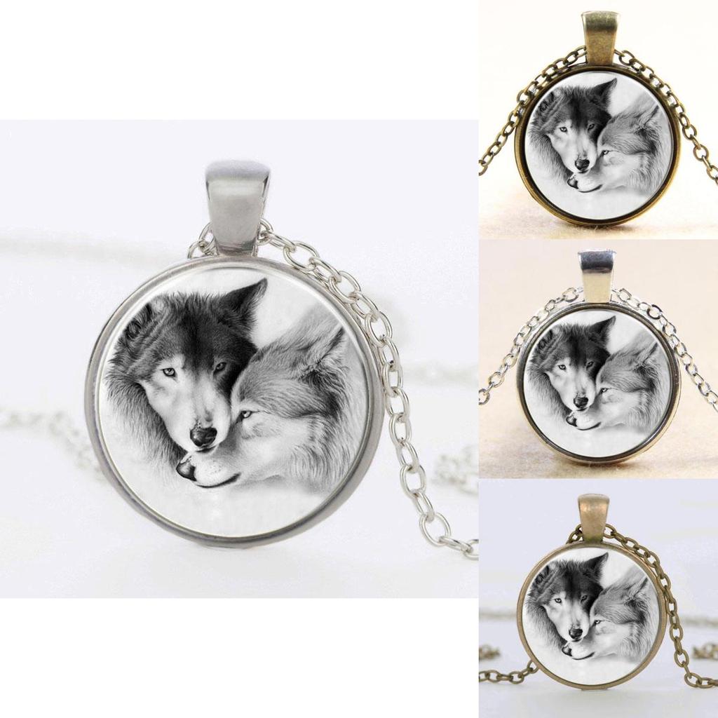 Women Jewelry Double Wolf Glass Pendant Necklace With Vintage Crystals And Elegant Chain