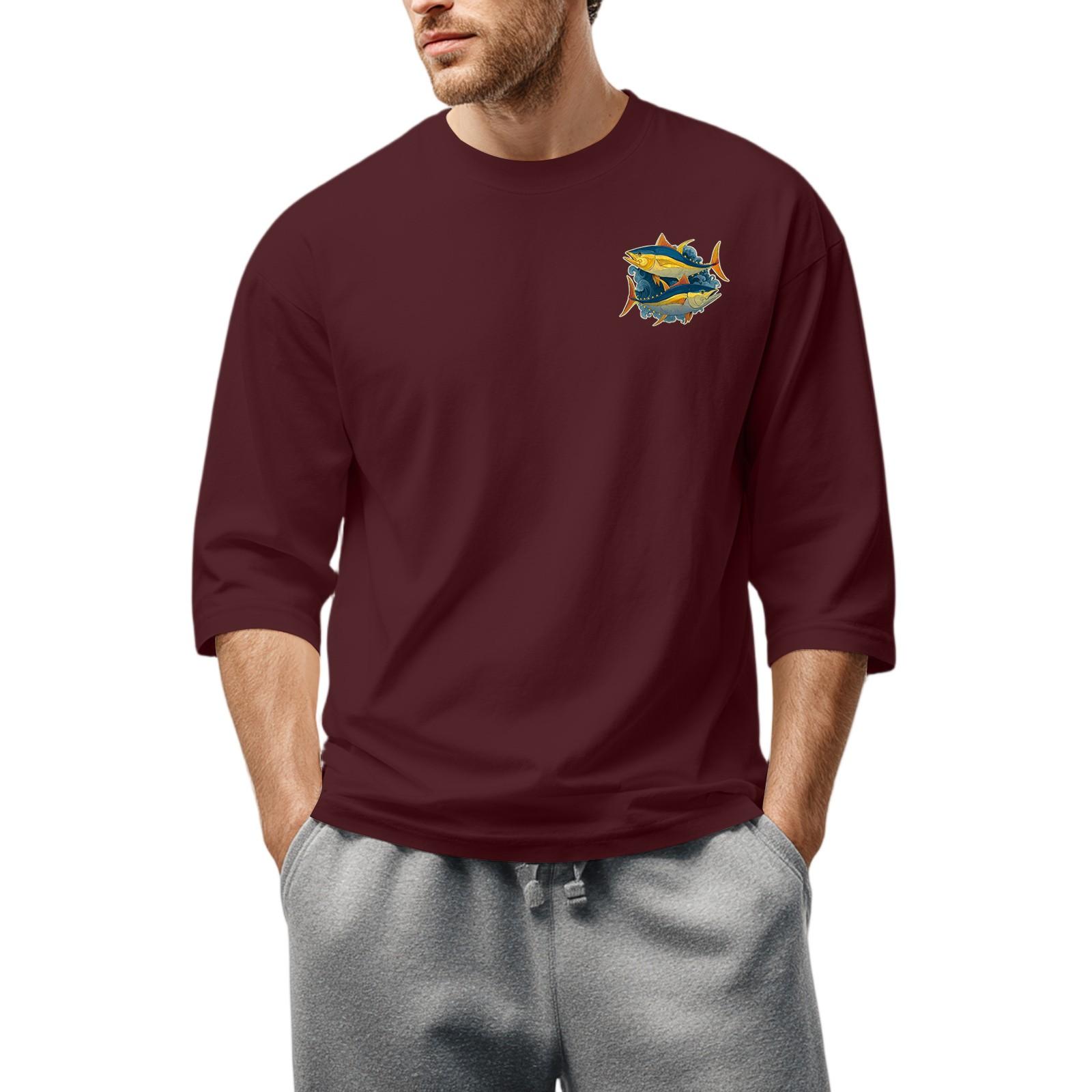 

Men S Round Neck Three-Quarters Sleeve Top Casual Fashion T-Shirt XXL винний