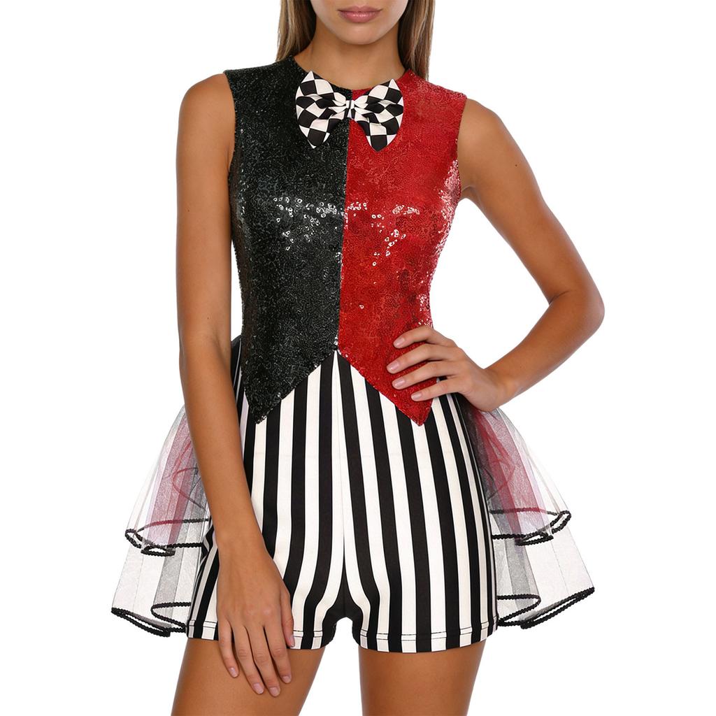 S-3XL Women’s Halloween Jumpsuit: Color Blocking Sequin & Striped Patchwork Checker Bowtie Tiered Tulle Hem Cutout Rompers Mad Costume