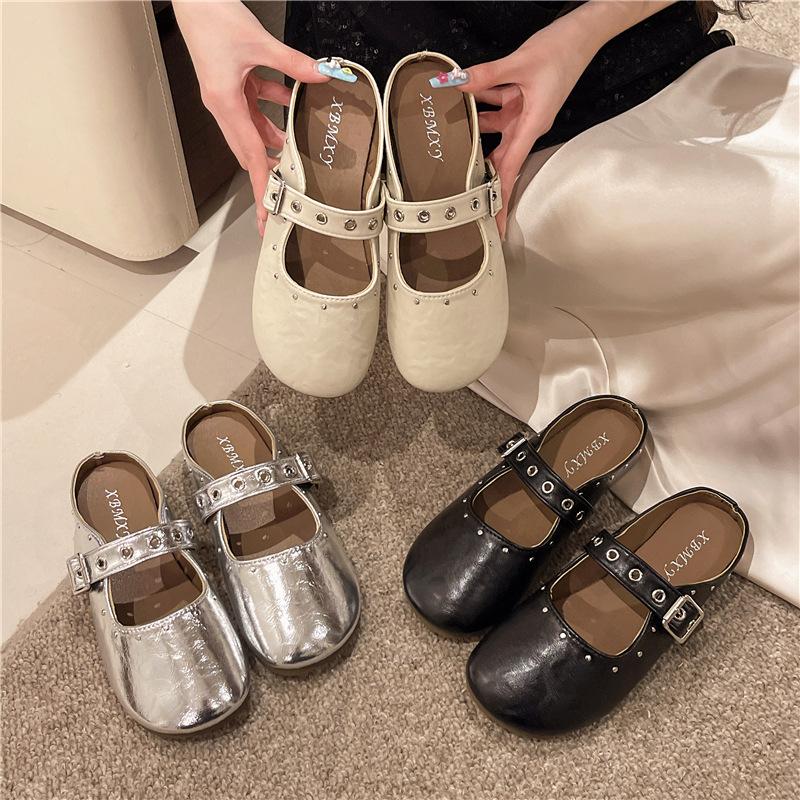 Mules à boucle à un mot pour femmes 2025 nouveau printemps à semelle plate demi-traînante jupe à enfiler chaussures simples à semelle souple