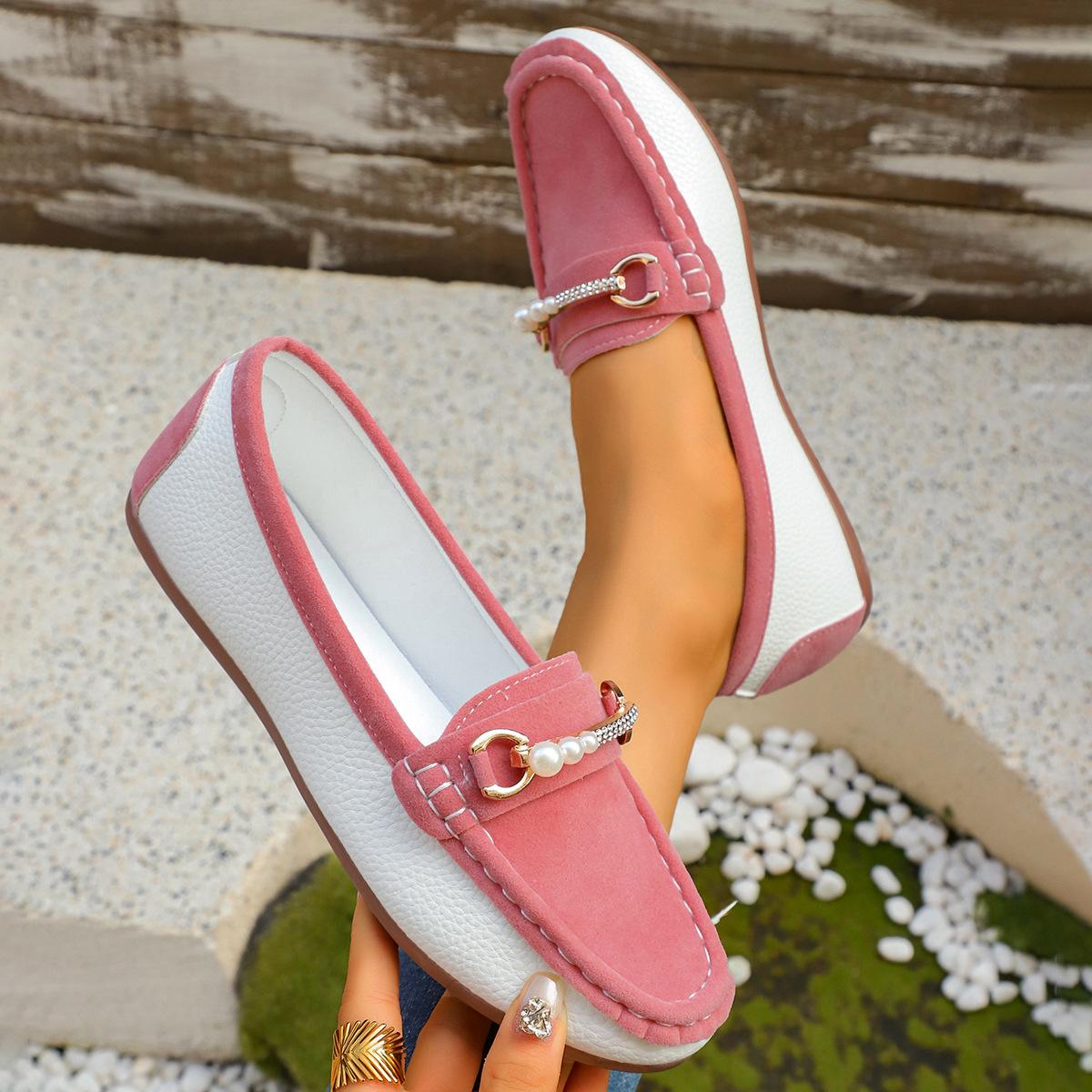 

Flat-bottomed casual single shoes, loafers, shallow-mouth Doudou shoes for women s 2025 new fashion metal chain, large-size single shoes for women 43 рожевий