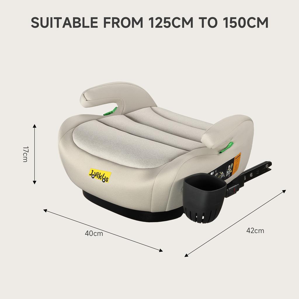 ISOFIX Car Booster Seat, i-Size R129, 125-150cm, 6-12 Years, Cup Holder, Washable Cover (Grey)