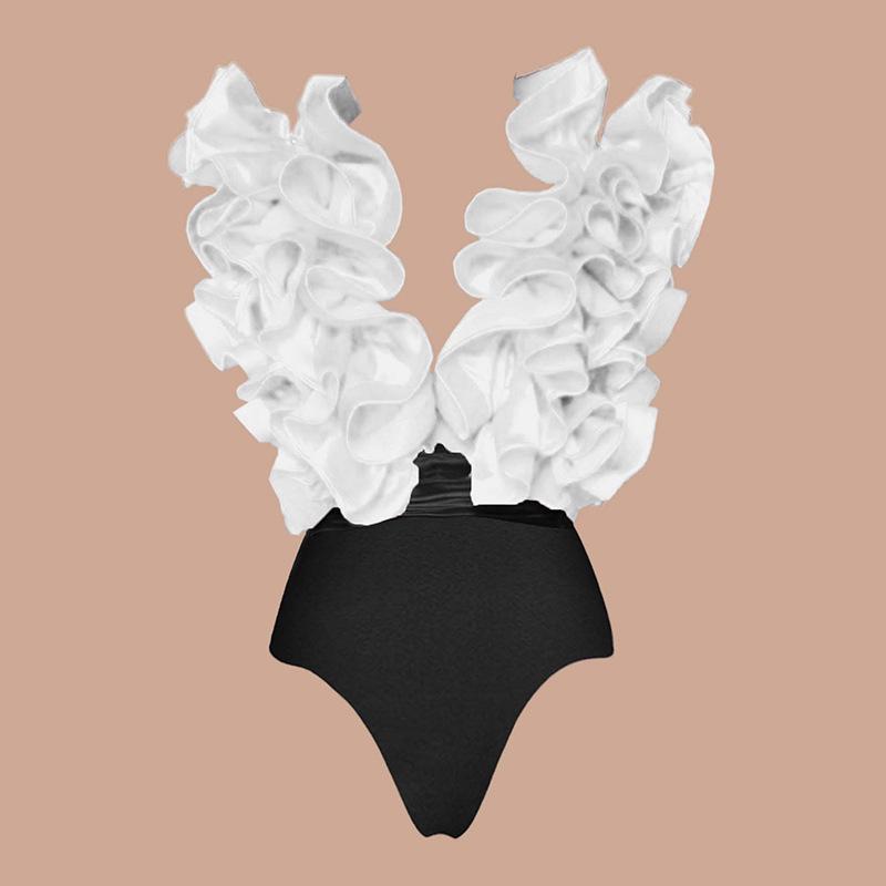 2024 Europäischer & Amerikanischer Schwarz-Weiß Deep V Schlankheits-Spitzenbadeanzug