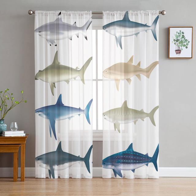Whale Animal Illustration Tulle Curtains For Living Room Decoration Modern Chiffon Sheer Voile Kitchen Curtain