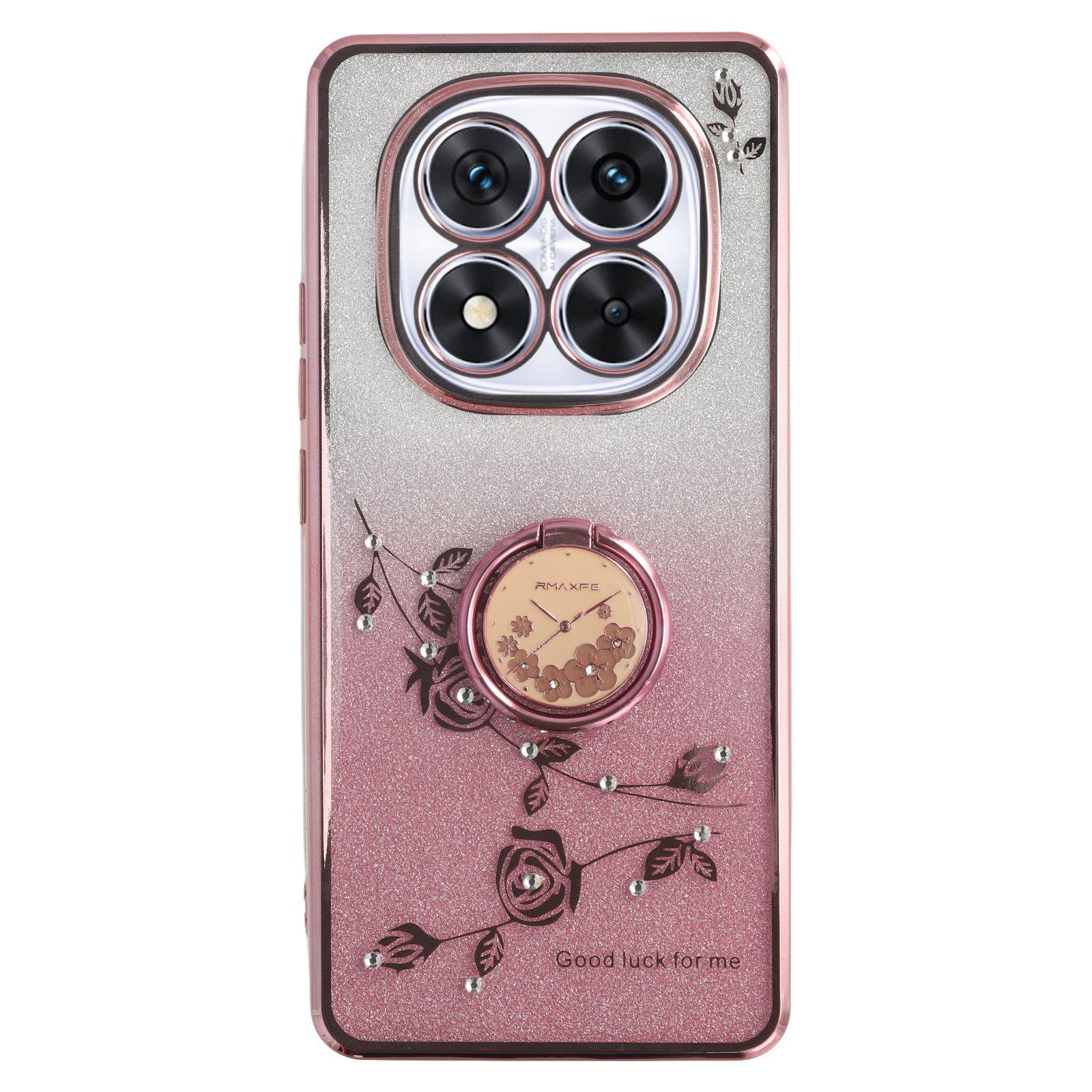 

Чохол для Xiaomi Redmi Note 14 Pro 5G/Poco X7 5G з кільцем-підставкою, ТПУ, з квітами, чохол для телефону з градієнтним блиском Rose Gold