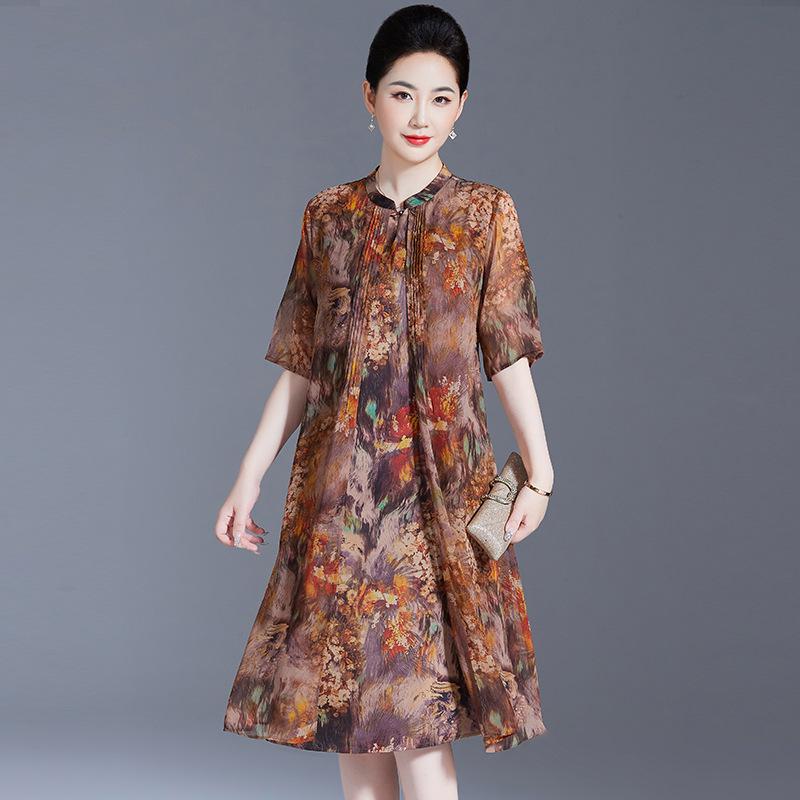 

2026 Elegant Mulberry Silk Dress for Middle-Aged & Elderly Women: Summer Style 4XL (suitable for 135-150 jin) помаранчевий