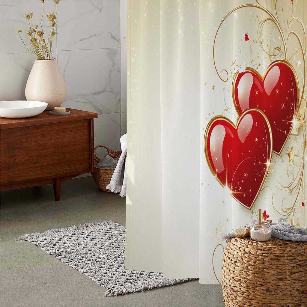 Romantic Valentine'S Day Creative Love Print Shower Curtain With 12 Hooks, Window Curtain
