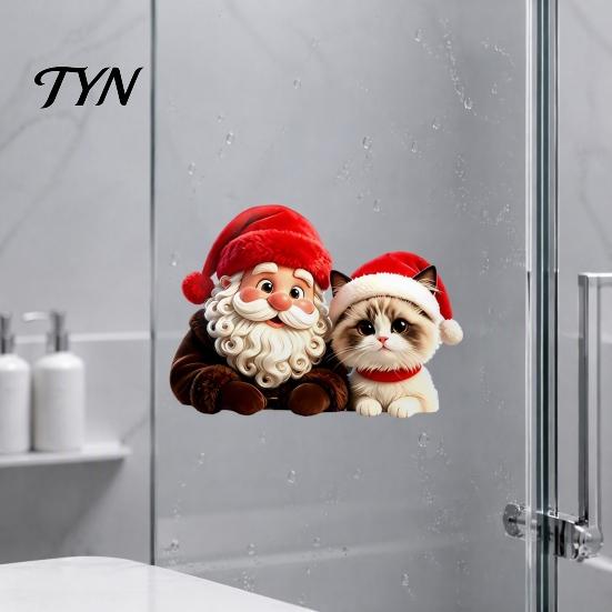 Festive Window Art for Holidays Christmas Santa Claus & Cat Static Clings, PVC Waterproof Glass Stickers, Seasonal Home Decor Windows Decorative