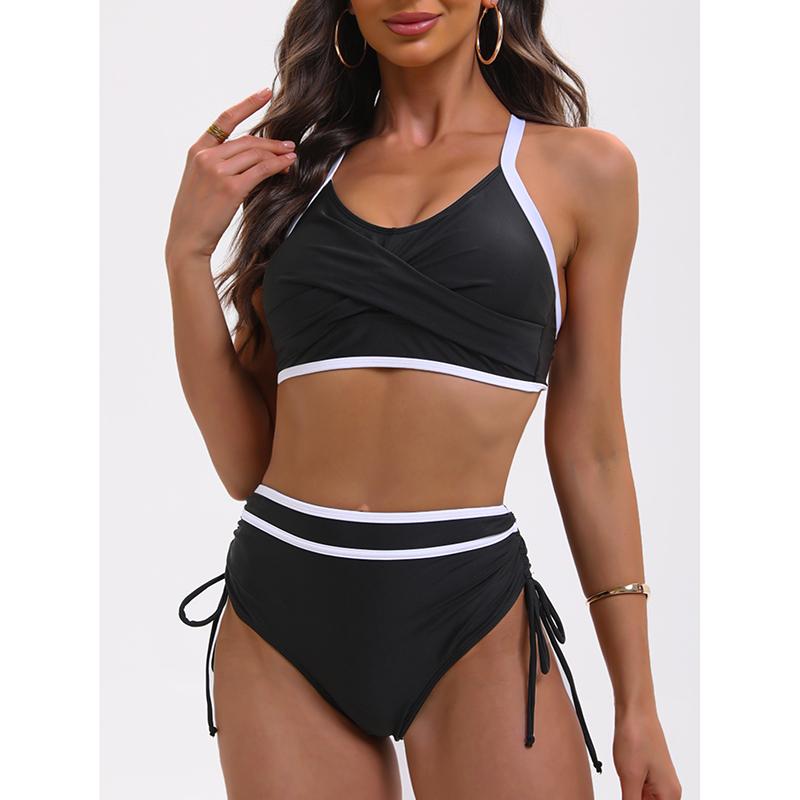 Drawstring Side High Waist Bikini Swimwear Women Black Patchwork Cross Push Up Bandage Cross Bathing Suit Swimsuit