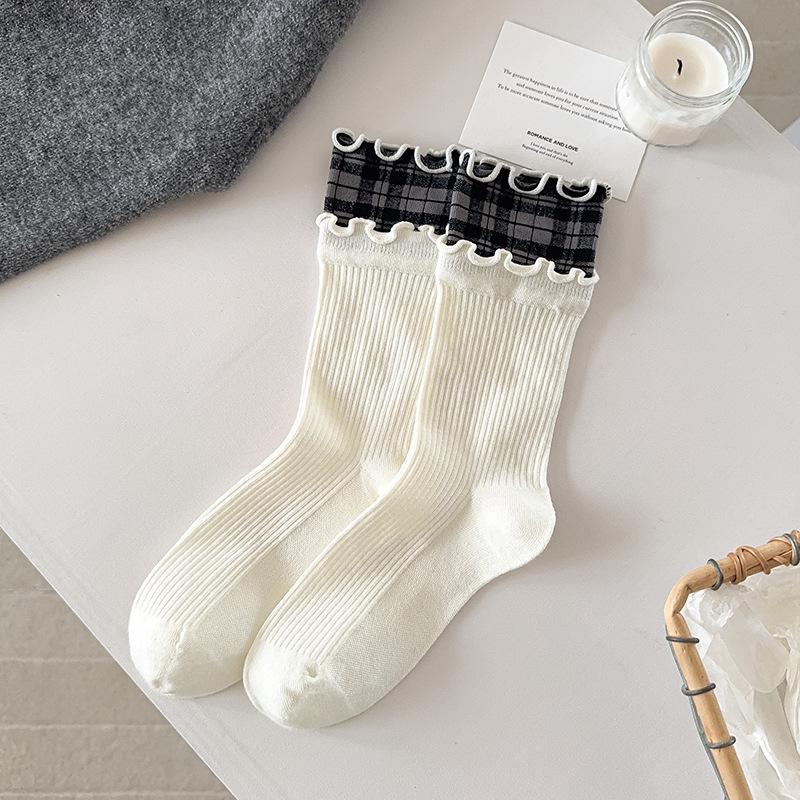 2025 Ruffle Double Layer Ribbed Cotton Plaid Mid-Calf Socks for Women