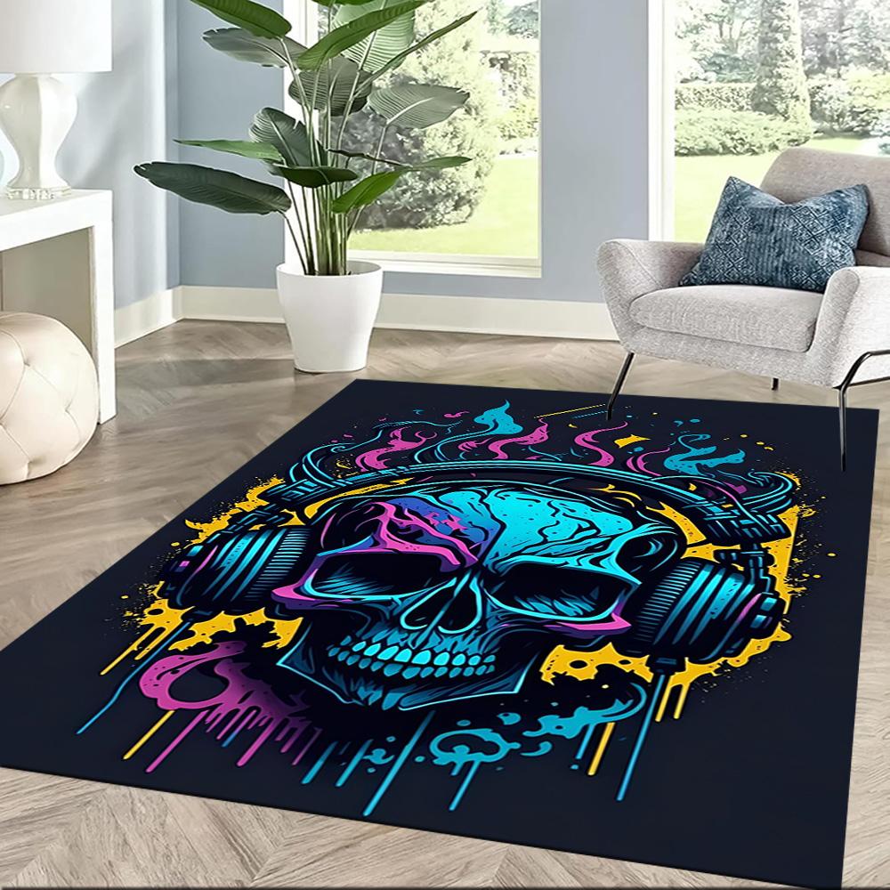 Skull With Headphones And Flames Floor Mats for Living Room, Bedroom and Room Decoration Are Suitable for Gifts.