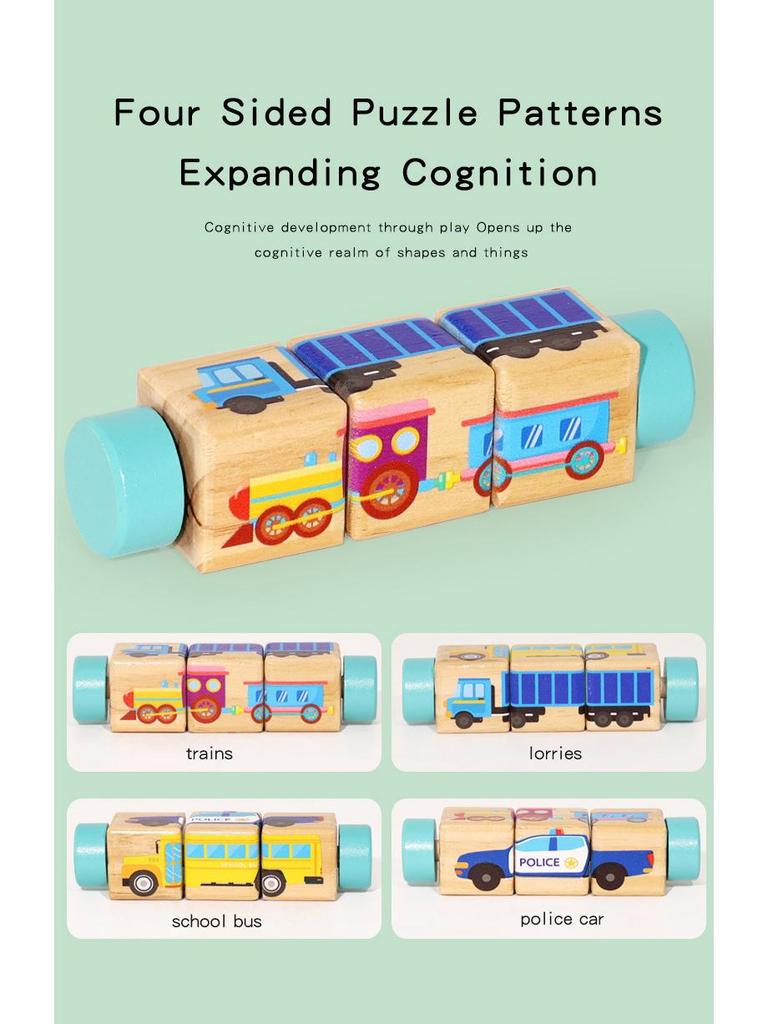 Wooden 3D Cartoon Animal & Fruit Puzzle Blocks for Toddlers – Rotating Educational Board