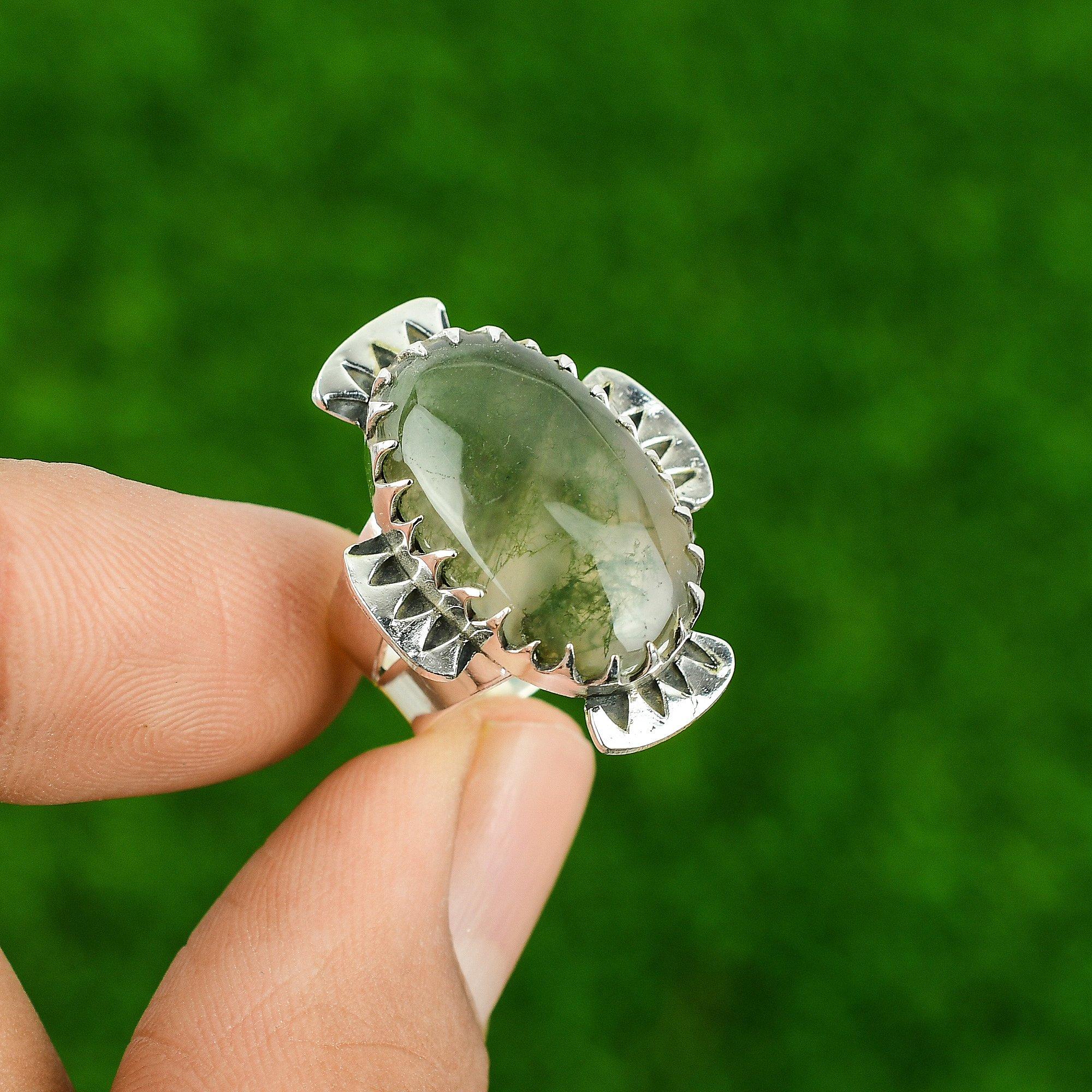 

Кольцо-солитер из стерлингового серебра 925 пробы с натуральным солнечным моховым агатом, ювелирное изделие, США 6.5 6.5