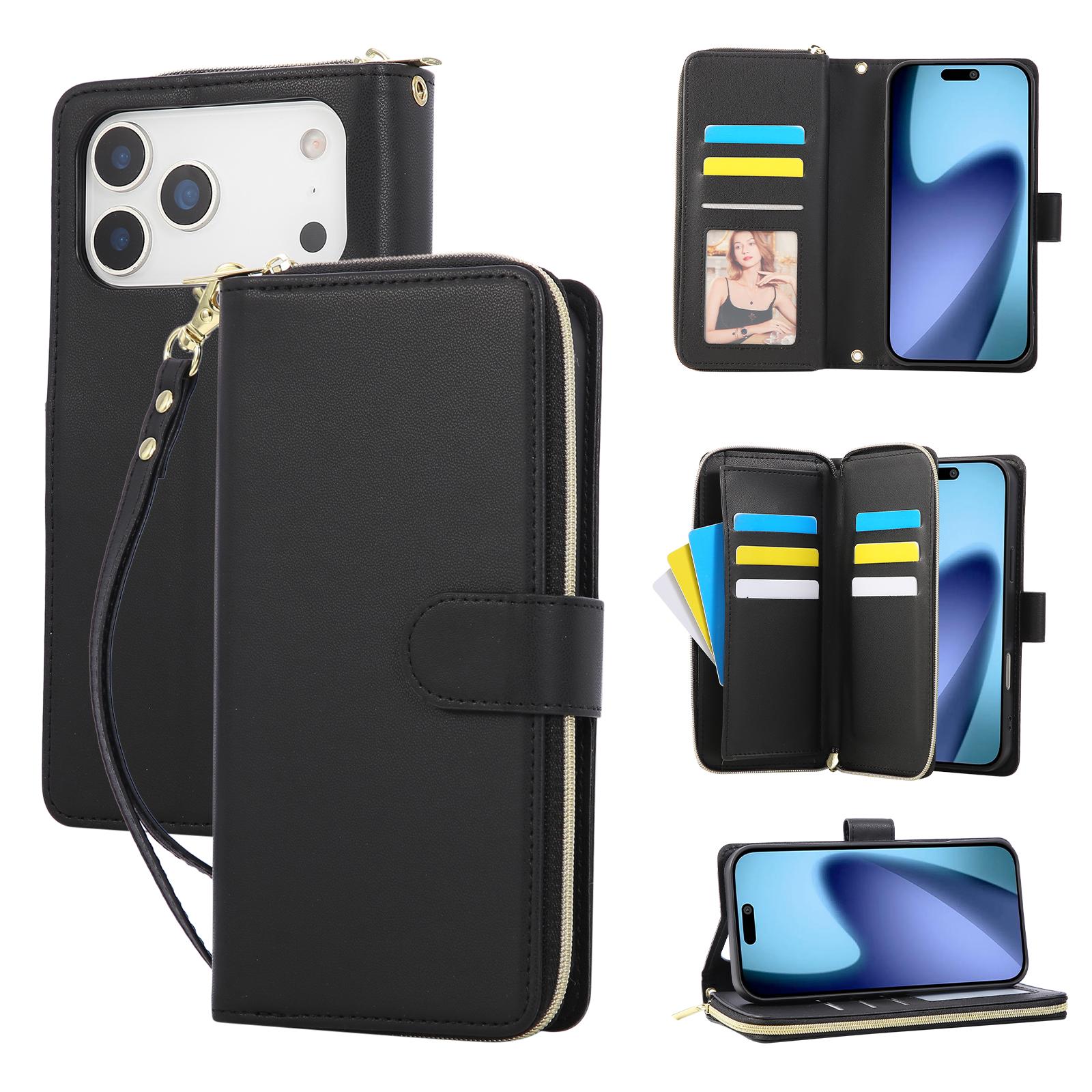 

For iPhone 17 Pro Max Case 9 Card Slots Zipper Pocket PU Leather Cover with Wrist Strap Black