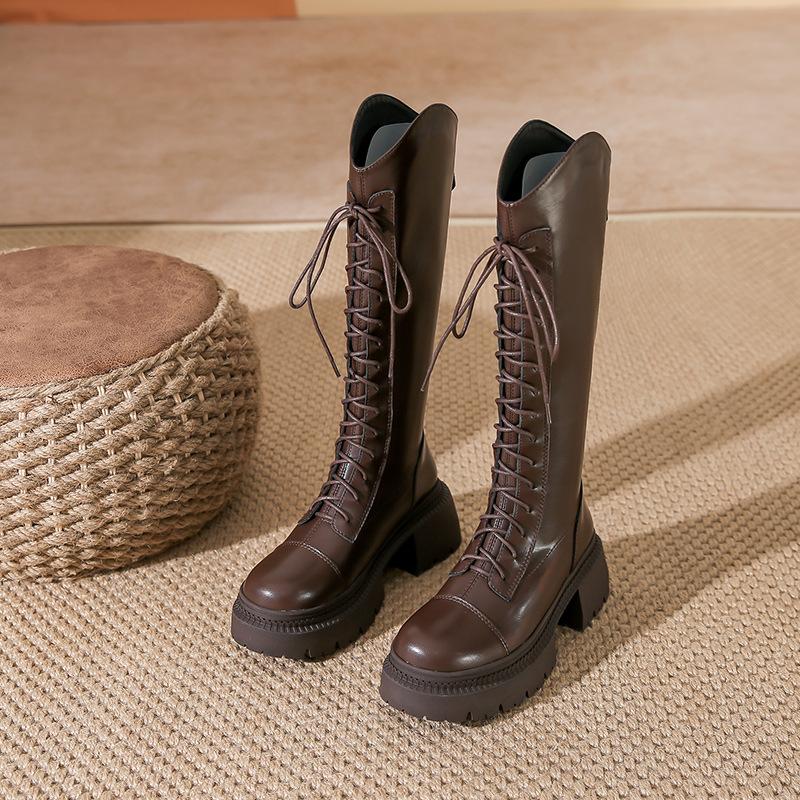 White boots women's winter new platform knight boots thick heel lace-up boots women's boots versatile women's shoes