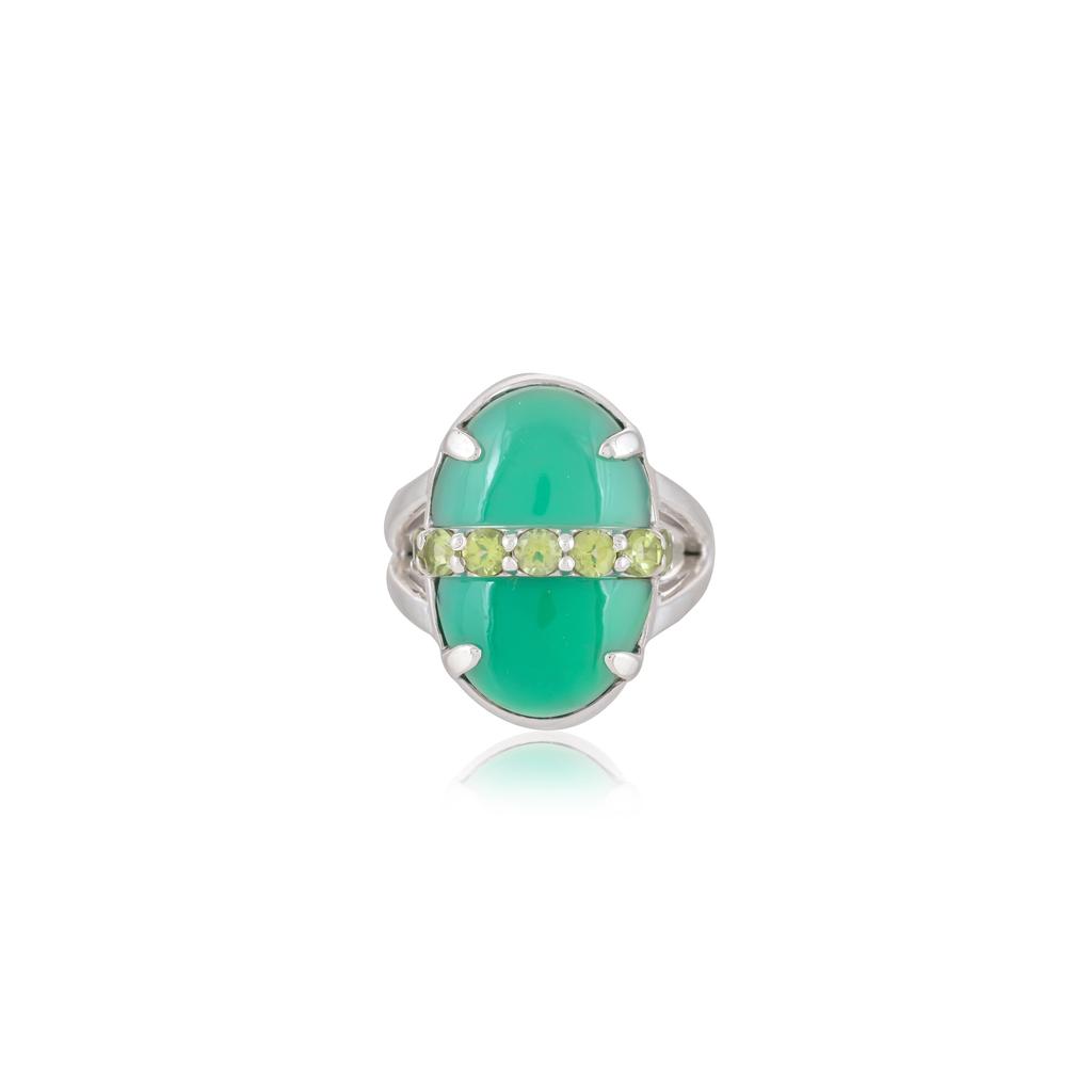 Unique Women's 925 Sterling Silver Oval Gemstone Statement Ring – Mojave Turquoise, Green Onyx or Rose Quartz with Faceted Accent Stones