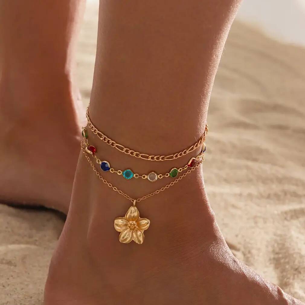 SHIXIN 3 Piezas Tobillera Exquisita Boho con Colgante de Flor de Zirconia para Mujer Moderna Cadena de Pie Multicapa Color Dorado Joyería de Playa Regalo