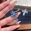 Vintage Blue White Double Cross Necklace, Paved Zircon Crucifix Pendant Chain, Retro Luxe Faith Choker for Women
