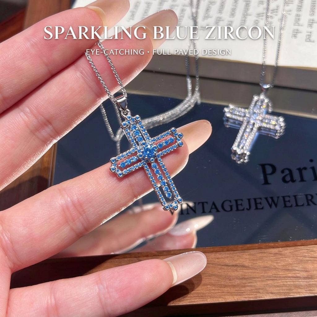 Vintage Blue White Double Cross Necklace, Paved Zircon Crucifix Pendant Chain, Retro Luxe Faith Choker for Women