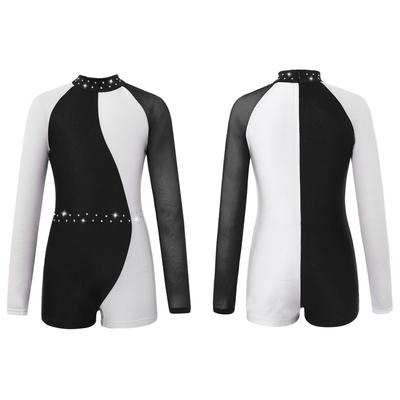 Girls Shiny Rhinestones Dance Gymnastics Leotard Biketard Mesh Long Sleeves Patchwork Jumpsuit Ballerina Bodysuit