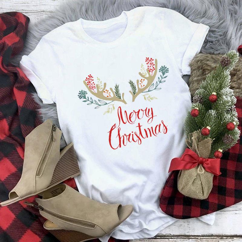 Women's Crew Neck Short Sleeve Graphic Print Christmas T-Shirts Loose Fit Casual Tees