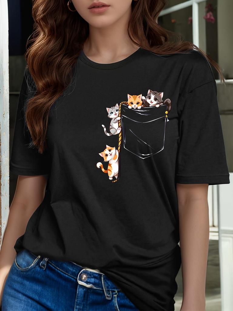 2026 Summer Unisexs Short Sleeved Round Neck Pocket Cat Print Tshirt Cute Pocket Cat Pattern Short Sleeved Tshirt