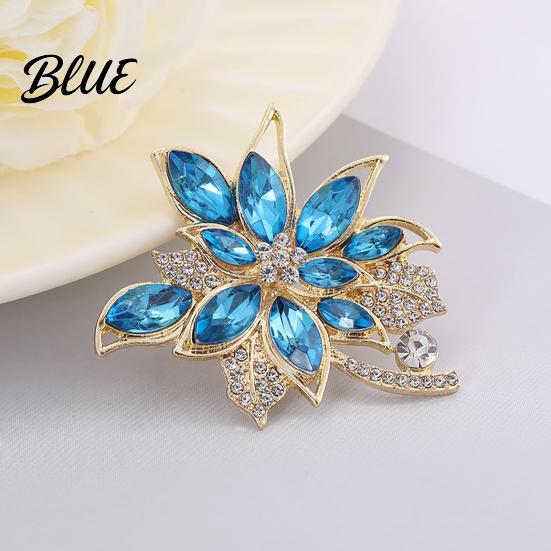 Floral Brooch for Women Pin Women, Three-Dimensional Orchid Shape Lapel with Large Blue Rhinestones, Outfit Badge Dresses Coats Scarves Banquets
