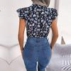 Damen Sommer Chiffon Bluse Floral Schnürung Schleife Holzohr Hemd