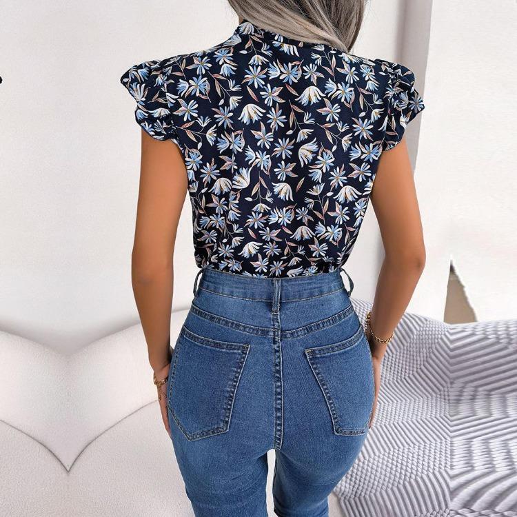 Damen Sommer Chiffon Bluse Floral Schnürung Schleife Holzohr Hemd