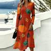Women's Halloween Printed Long Sleeve V-Neck Dress with Pockets for Casual Everyday Wear