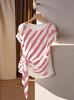 European & American 2025 New Style Women's Short Sleeve Round Neck Striped Tie-Up T-shirt