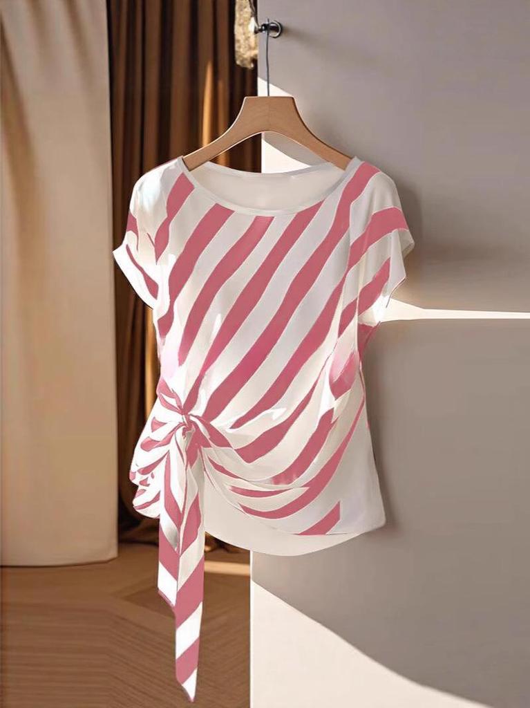 European & American 2025 New Style Women's Short Sleeve Round Neck Striped Tie-Up T-shirt
