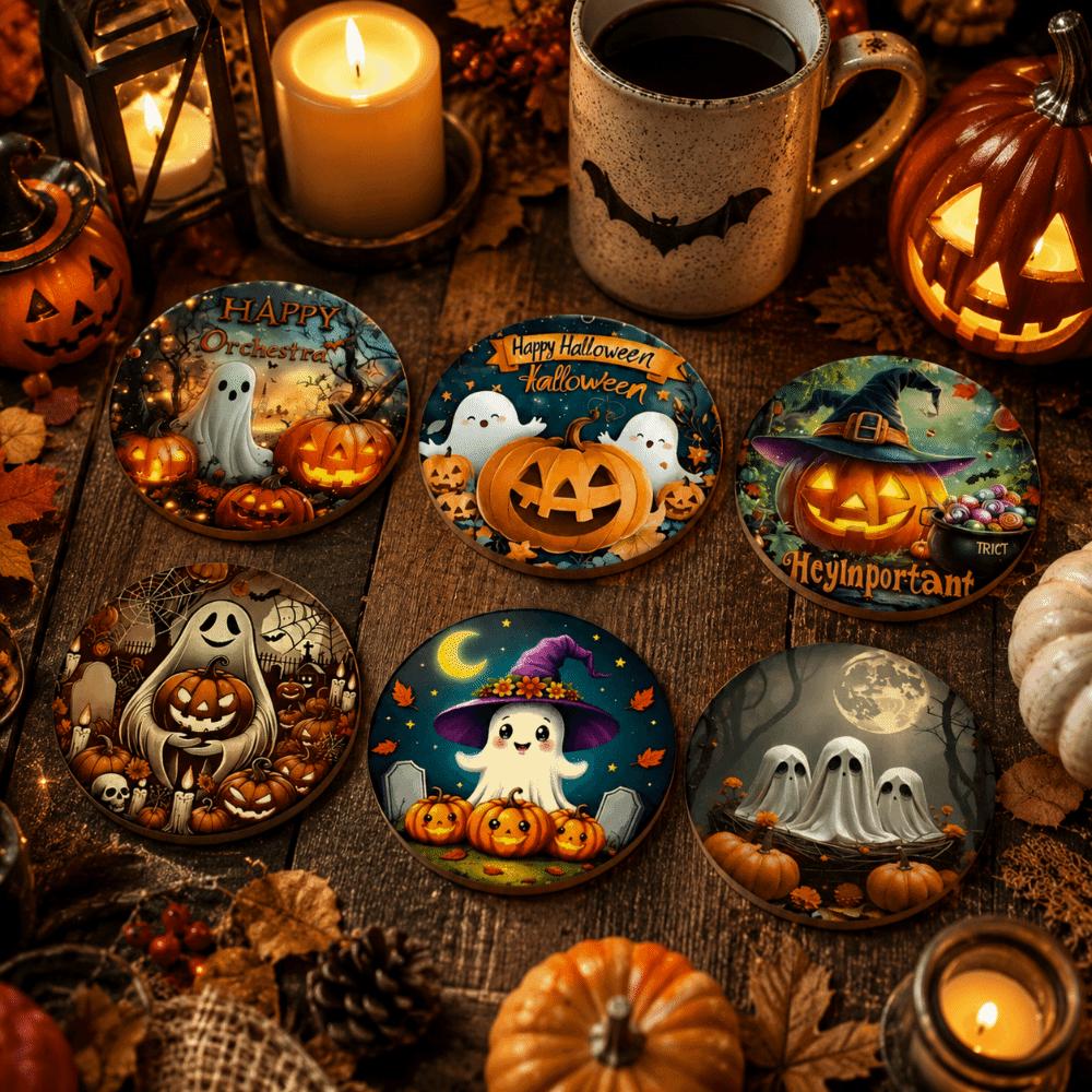 6pcs Wooden Halloween Coasters Pumpkin Heat Insulation Pad DIY Tableware Mat Cafe