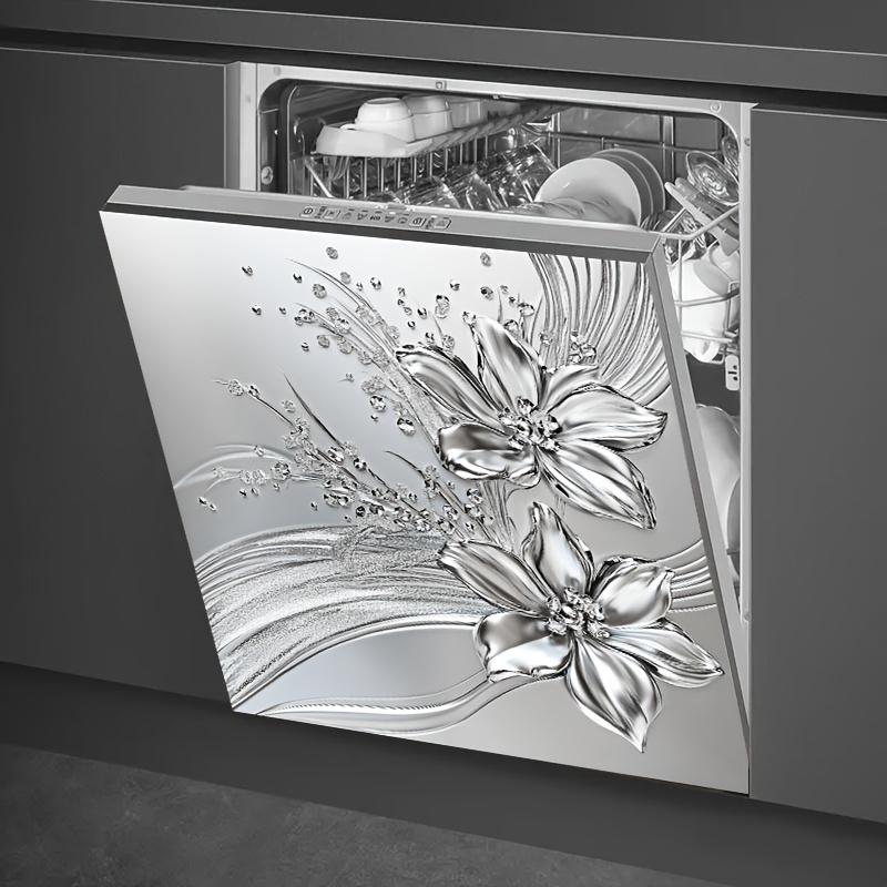 Vertical PVC Dishwasher Door Cover Sticker, Metal Silvery Embossed Flower Pattern Door Sticker, Waterproof And Stain-Resistant, Easy to Clean
