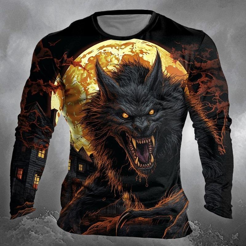 Fashion Wolf Pattern Men's Long Sleeve T-shirt Autumn New Casual O-neck Pullover Funny 3D Animal Print Tops Unisex Clothes