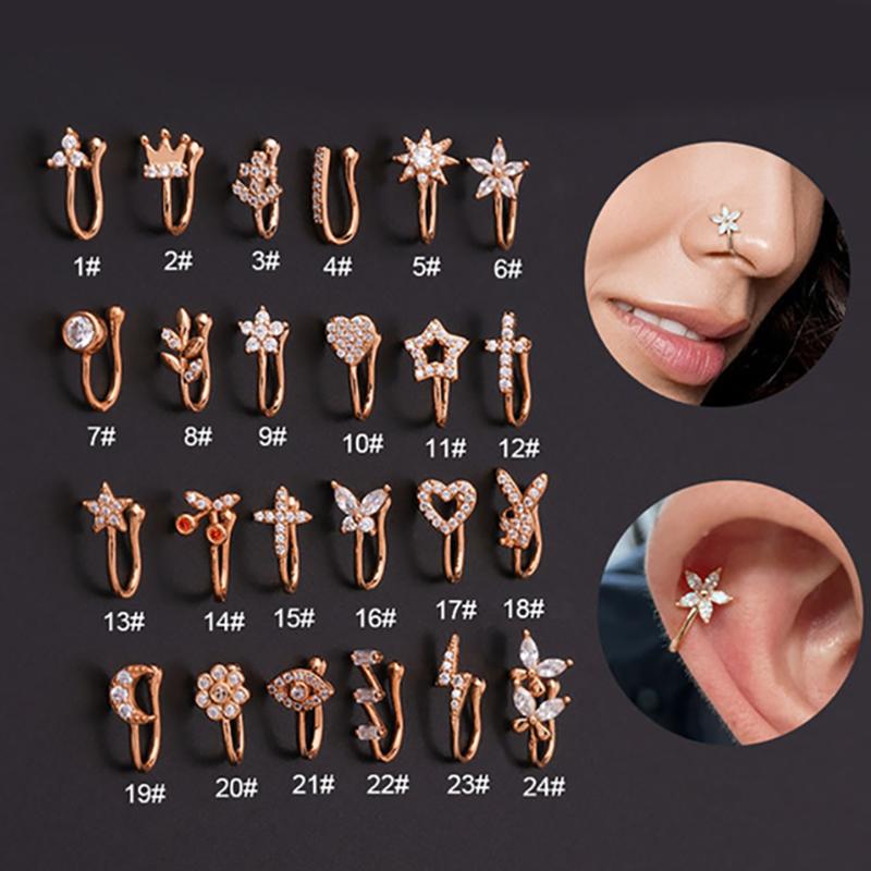 

New 1PCS Fake Piercing Clip Nose Ring Cuff Body Jewelry for Women Trend Ear Cuffs Heart Star Flowers Butterfly Clip Rings KAE197 1