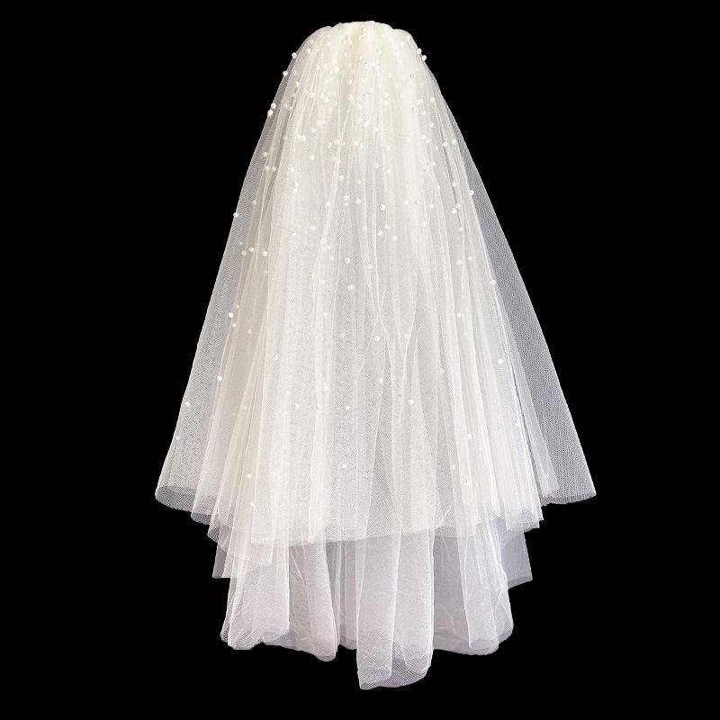 2022 French Style White Beaded Bridal Veil & Mid-Length Wedding Dress