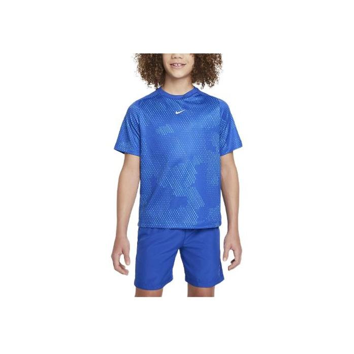 Nike T-shirt z nadrukiem multilogo, okrągły dekolt, krótki rękaw, topy dziecięce, ciemnoniebieski FN8694-480